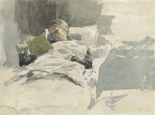 The artist's wife reading in bed, Leopold von Kalckreuth, 1885 - 1890